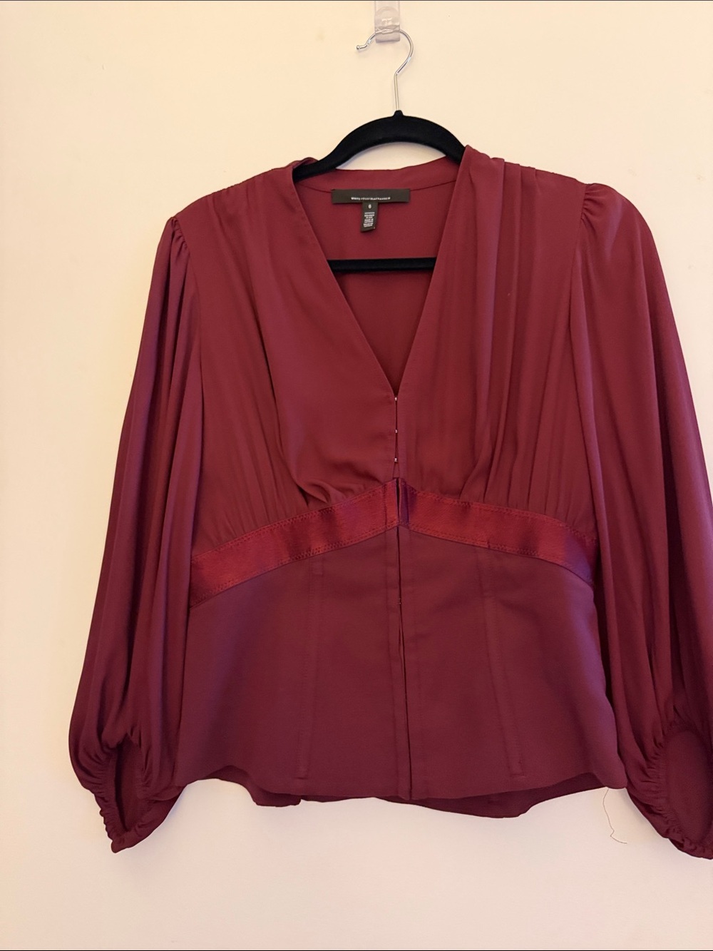 White House Black Market Burgundy V-Neck Pleated Long-Sleeve Blouse